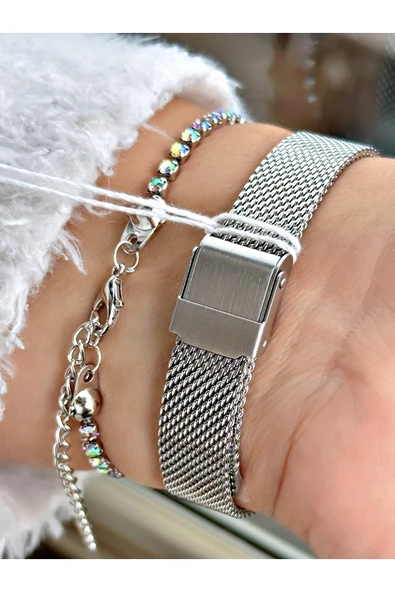 Ferrucci Gümüş Renk Klasik Hasır Sade Model Kadın Kol Saati + BİLEKLİK - Resim 3