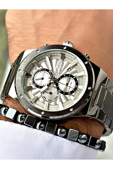 Ferrucci Füme Renk Fonksiyonlar Aktif Spor Çelik Kordon  Erkek Kol Saati + BİLEKLİK - Resim 2