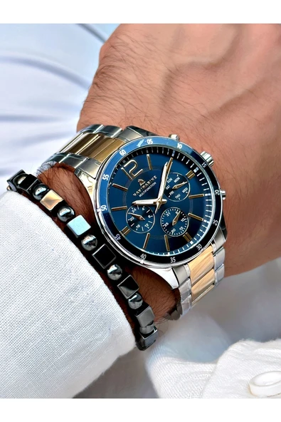 Navimarine Altın Gümüş Çift Renk Çelik Kordon Fonksiyonlu Erkek Kol Saati + BİLEKLİK - Resim 4