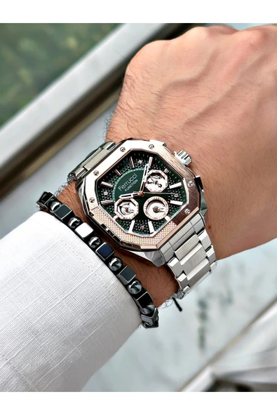 Ferrucci Gümüş Renk Kare Fonksiyonlu  Çelik Kordon Erkek Kol Saati + BİLEKLİK HEDİYELİ - Resim 2