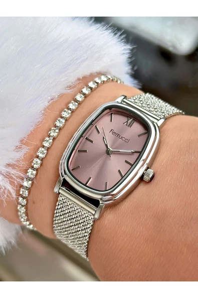 Ferrucci Gümüş Renk Hasır Çelik Kordon Şık Dizayn Kadın Kol Saati + BİLEKLİK HEDİYELİ - Resim 2