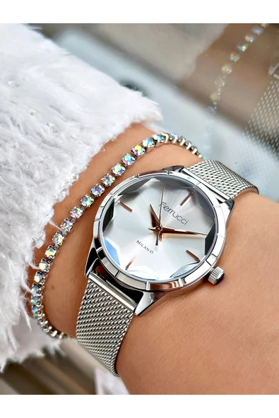 Ferrucci Gümüş Renk Kesme Cam Model Hasır Kordon  Kadın Kol Saati + BİLEKLİK ürün görseli 1