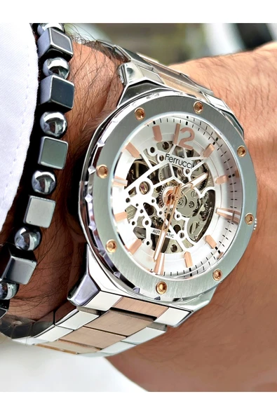 Ferrucci Bronz Gümüş Renk Business Otomatik  Mekanizma Erkek Kol Saati + BİLEKLİK ürün görseli 1
