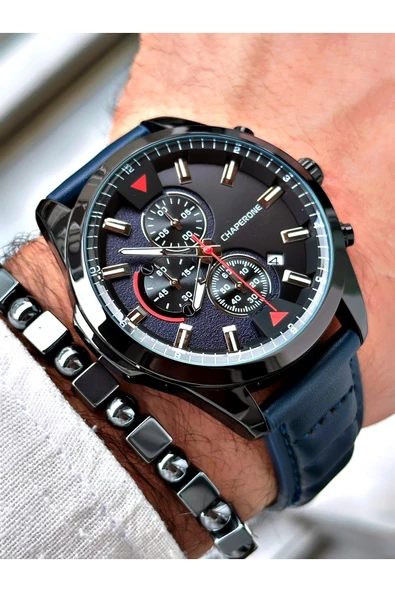 Chaperone Lacivert Deri Kordon Fonskiyonlu Spor Erkek Kol Saati + BİLEKLİK HEDİYELİ By Reward - Resim 3