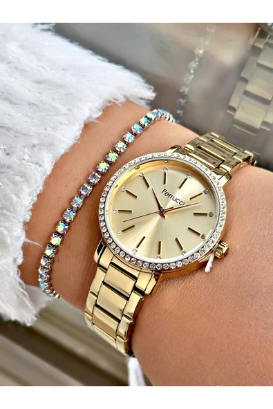 Ferrucci Altın Renk Sade Taşlı Model  Garantili Kadın Kol Saati + BİLEKLİK ürün görseli 1