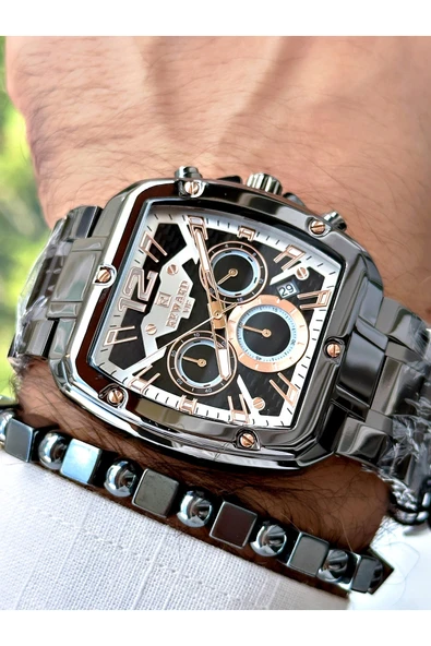 GÜMÜŞ Füme Renk Kare Model Çelik Kordon  Erkek Kol Saati + Bileklik ürün görseli 1