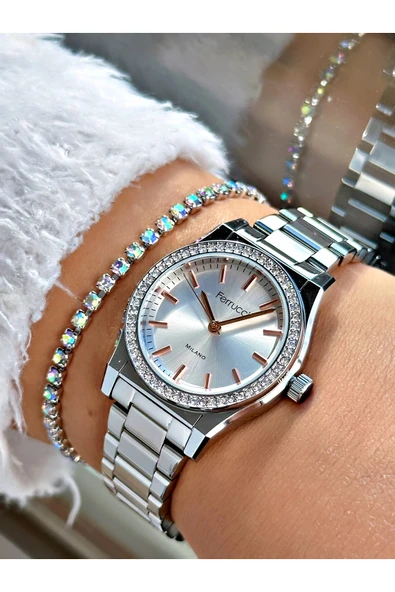 Ferrucci Gümüş Renk Taşlı Model Şık Dizayn  Kadın Kol Saati + BİLEKLİK ürün görseli 1