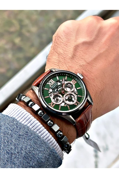 Ferrucci Kahverengi Deri Kordon Fonksiyonlu Erkek Kol Saati + BİLEKLİK HEDİYELİ - Resim 2