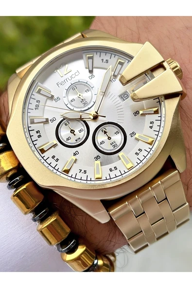 Ferrucci Altın Renk Spor Model Çelik Kordon Erkek Kol Saati + Bileklik Hediyeli ürün görseli 1