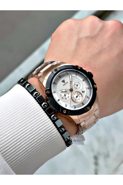 Fiesta Gümüş Renk Fonksiyonlu Çelik Makine Garantili Erkek Kol Saati + BİLEKLİK - Resim 2