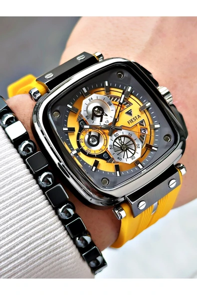 Fiesta Sarı Renk Kare Model Çelik Kasa Garantili Business Erkek Kol Saati + BİLEKLİK - Resim 4