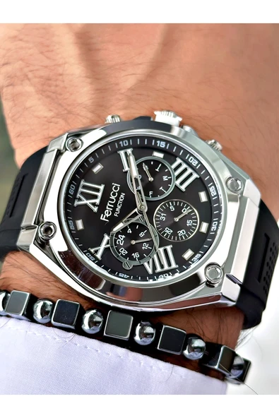 Ferrucci Siyah Renk Silikon Fonksiyonlar Aktif Spor Erkek Kol Saati + BİLEKLİK - Resim 2