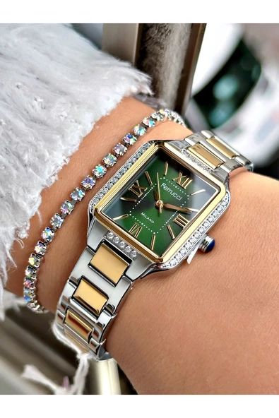 Ferrucci Altın Renk Kare Taşlı Model Roma Rakamlı Çelik Kordon Kadın Kol Saati + BİLEKLİK ürün görseli 1