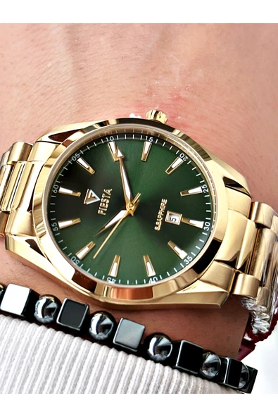 Fiesta Altın Silver Renk Çelik Kasa Kordon Erkek Kol Saati + BİLEKLİK - Resim 2