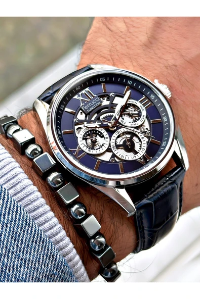 Ferrucci Lacivert Renk Deri Kordon Fonksiyonlu Erkek Kol Saati + BİLEKLİK HEDİYELİ - Resim 3
