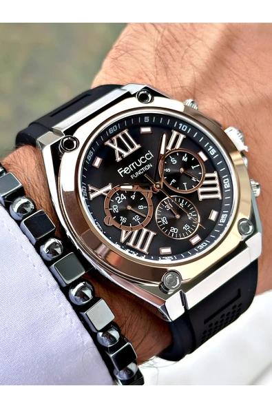 Ferrucci Siyah Renk Silikon Fonksiyonlar Aktif Spor Erkek Kol Saati + BİLEKLİK - Resim 4