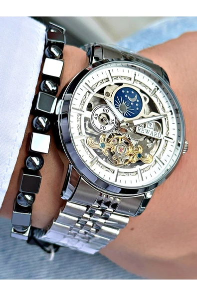 Reward Gümüş Renk Business Otomatik Orjinal Çelik Kordon Erkek Kol Saati + BİLEKLİK HEDİYELİ - Resim 4
