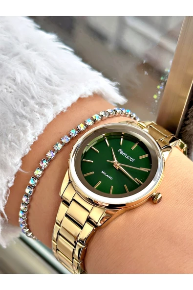 Ferrucci Altın Renk Aynalı Cam Model  Klasik Kadın Kol Saati + BİLEKLİK ürün görseli 1