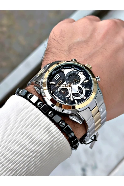 Reward Altın Gümüş Renk Spor Fonksiyonlu Çelik Kordon Erkek Kol Saati + BİLEKLİK - Resim 2