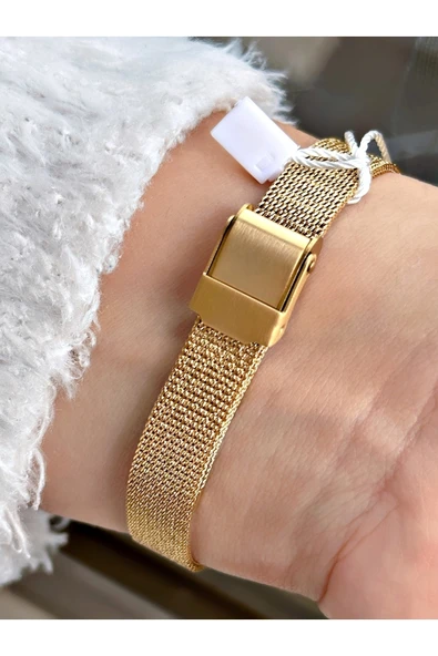 Chaperone Altın Renk Şık Dizayn Zarif Tasarım Hasır Çelik Kordon Kadın Kol Saati + Bileklik Hediyeli - Resim 3