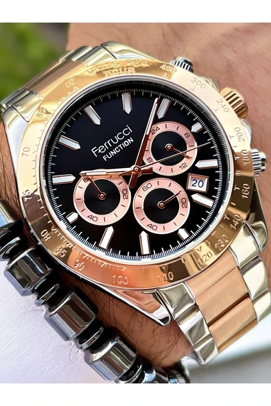 Ferrucci Rose Gold Gümüş Siyah Kadran Fonksiyonlar Aktif Erkek Kol Saati + Bileklik Hediyeli - Resim 2