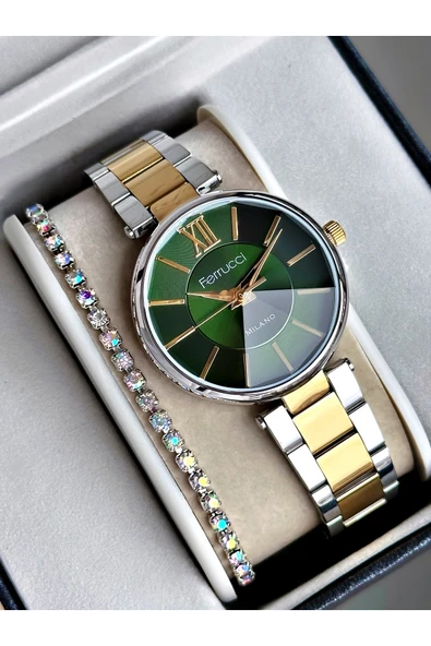 Ferrucci Altın Gümüş Renk Aynalı Kristal Görünüm Cam Çelik Kordon Kadın Kol Saati + BİLEKLİK ürün görseli 1
