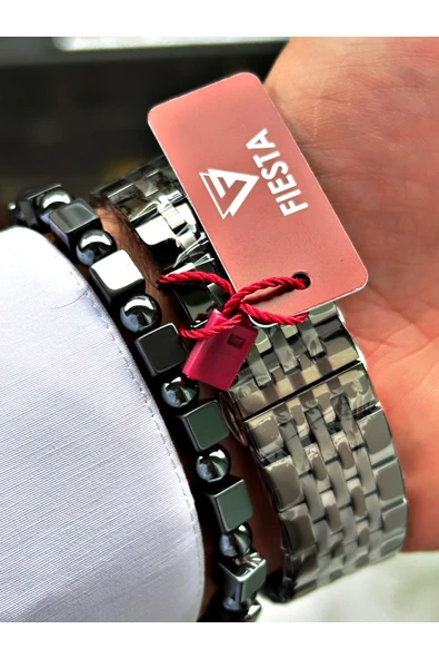 Fiesta Füme Renk Bombeli Safir Cam Lüx Çelik Erkek Kol Saati + BİLEKLİK HEDİYELİ - Resim 6