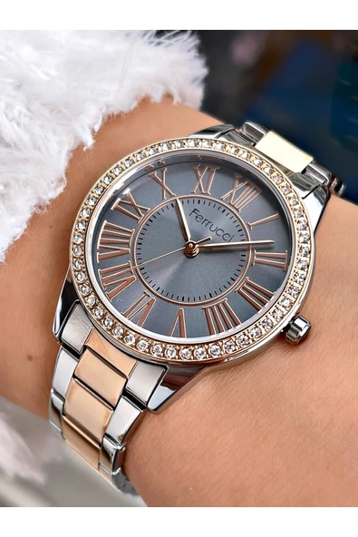 Ferrucci Taşlı Kasa Rosegold-gümüş Renk Çelik Kordon Kadın Kol Saati Bileklik Hediyeli ürün görseli 1