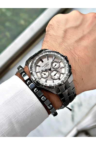 Ferrucci Füme Renk Çelik Kordon Fonksiyonlu Erkek Kol Saati + BİLEKLİK HEDİYELİ - Resim 2