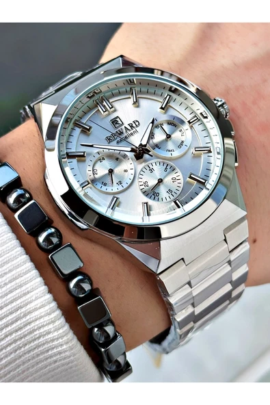Reward Gümüş Renk Fonksiyonlu Büyük Kasa Erkek Kol Saati + BİLEKLİK HEDİYELİ - Resim 3