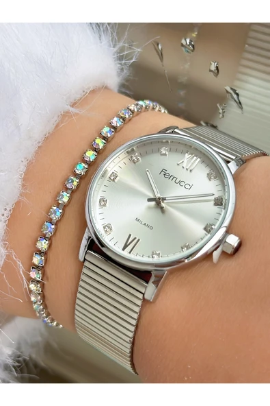 Ferrucci Gümüş Renk Klasik Sade Model Kadın Kol Saati + Taşlı Bileklik Hediyeli ürün görseli 1