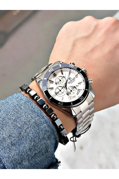 Reward Gümüş Renk Çelik Kordon Şık Dizayn Erkek Kol Saati + BİLEKLİK - Resim 2