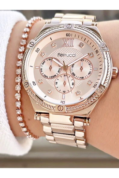 Ferrucci Rose Gold Renk Büyük Kasa Roma Rakamlı Kadın Kol Saati + Bileklik Hediyeli - Resim 2