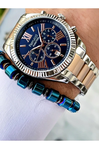 Ferrucci Rose Gold Gümüş Lacivert Kadran Fonksiyonlar Aktif Erkek Kol Saati - Resim 3