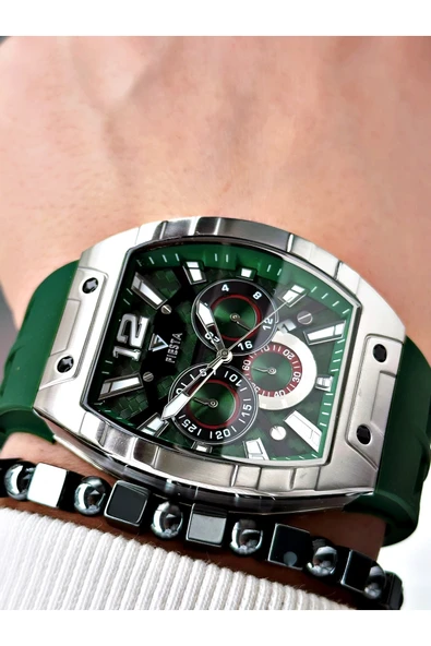 Fiesta Yeşil Renk Silikon Fonksiyonlu Çelik Kasa Business Erkek Kol Saati + BİLEKLİK - Resim 3