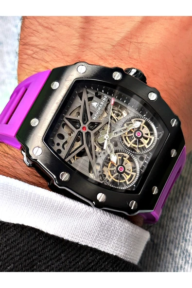 Navimarine Mor Renk Kare Spor Silikon Otomatik Business Erkek Kol Saati + BİLEKLİK HEDİYELİ - Resim 2