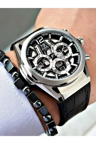 Fiesta Siyah Renk Fonksiyonlu Çelik Kasa Spor Deri Silikon Erkek Kol Saati + BİLEKLİK - Resim 3