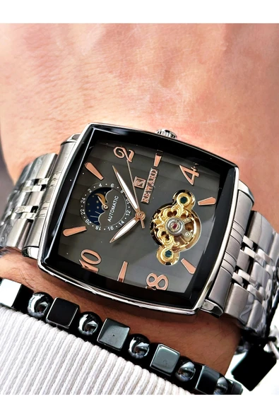 Reward Füme Renk Kare Mekanizma Otomatik Kurmalı Erkek Kol Saati + BİLEKLİK - Resim 2