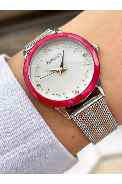 Ferrucci Silver Rose Gold Renk Hasır Metal Kadın Kol Saati - Resim 3