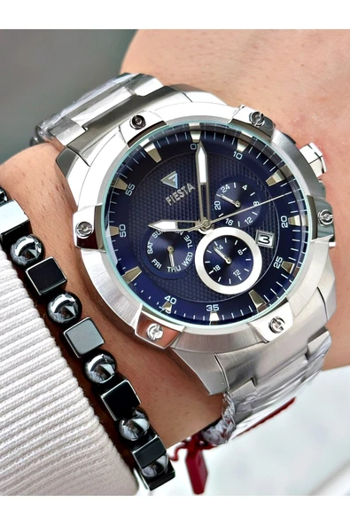 Fiesta Gümüş Renk Fonksiyonlu Çelik Makine Garantili Erkek Kol Saati + BİLEKLİK - Resim 3