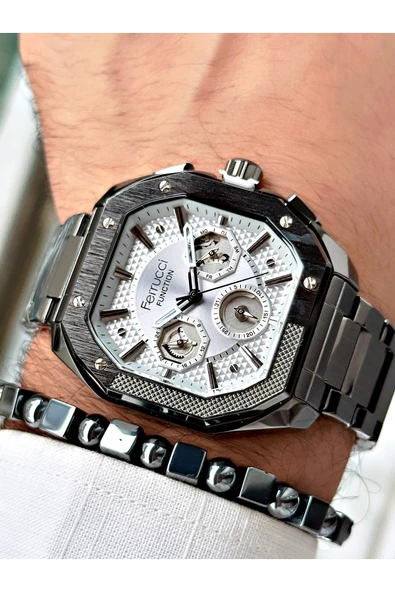Ferrucci Füme Renk Kare Fonksiyonlu  Çelik Kordon Erkek Kol Saati + BİLEKLİK HEDİYELİ ürün görseli 1