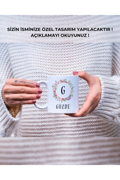 Baş Harf Çiçek Çerçeve Kupa Bardak Kişiye Özel Baskılı Hediye Bardak Mug Kahve Bardağı - Resim 2