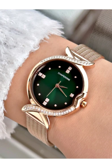 Chaperone Rose Gold Renk Şık Dizayn Hasır Kordon Kadın Kol Saati + Bileklik Hediyeli ürün görseli 1