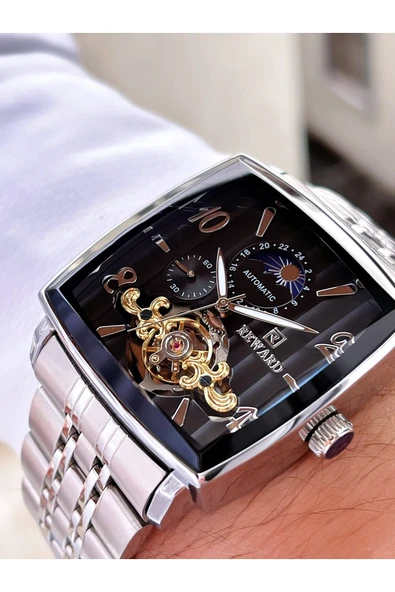 Reward Gümüş Renk Siyah Kadran Kare Model Fonksiyonlar Aktif Erkek Kol Saati + Bileklik Hediyeli - Resim 3