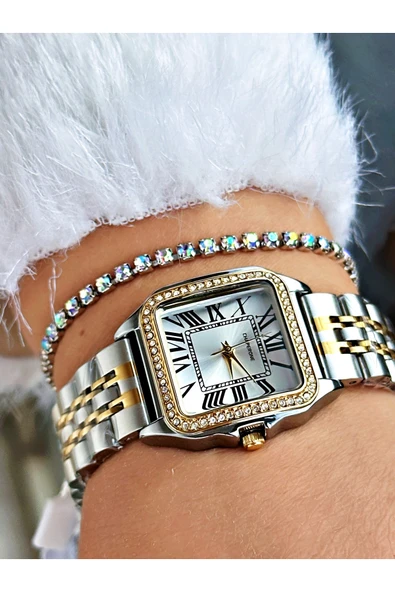 Chaperone Altın Gümüş Renk Taşlı Model Kare Kadın Kol Saati + BİLEKLİK - Resim 3