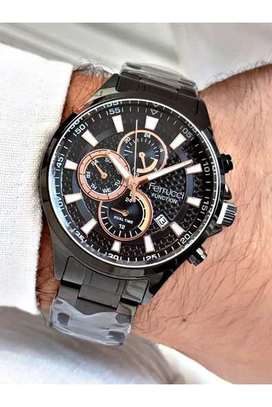 Ferrucci Siyah Renk Spor Çelik Kordon Orijinal Erkek Kol Saati + BİLEKLİK HEDİYELİ ürün görseli 1