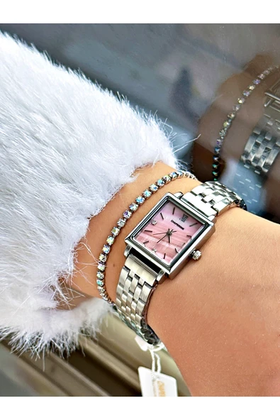 Chaperone Gümüş Renk Kare Model Sade Çelik Kordon Kadın Kol Saati + BİLEKLİK - Resim 2