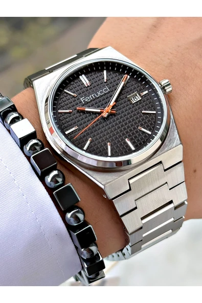 Ferrucci Gümüş Renk Şık Spor Çelik Kordon  Fonksiyonlu Erkek Kol Saati + BİLEKLİK ürün görseli 1
