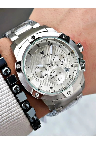 Fiesta Gümüş Renk Fonksiyonlu Çelik Makine Garantili Erkek Kol Saati + BİLEKLİK - Resim 3