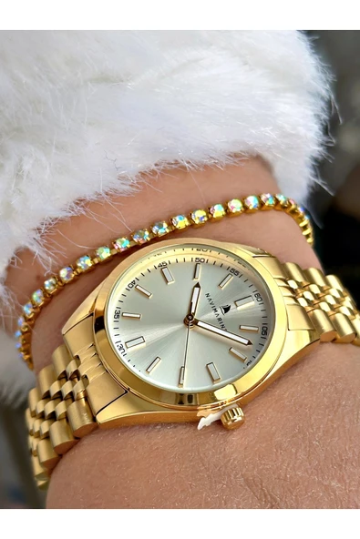 Navimarine Altın Renk Çelik Kordon Kadın Kol Saati + Bileklik Hediyeli - Resim 2